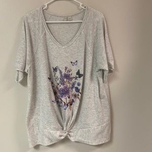 CATO Blouse Gray Floral Butterfly Knot Front SS Soft Tee Top